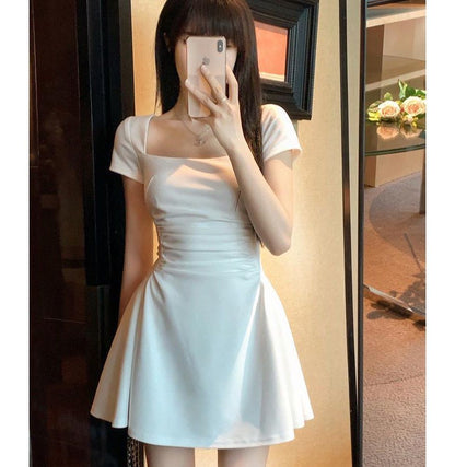 Short-Sleeve Square Neck Plain Ruched Mini A-Line Dress mySite