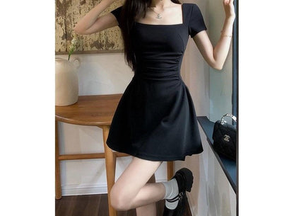 Short-Sleeve Square Neck Plain Ruched Mini A-Line Dress mySite