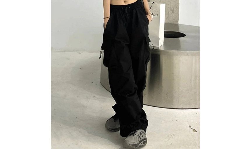 High Waist Plain Drawstring Cargo Baggy Pants SpreePicky