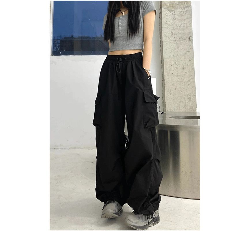 High Waist Plain Drawstring Cargo Baggy Pants SpreePicky