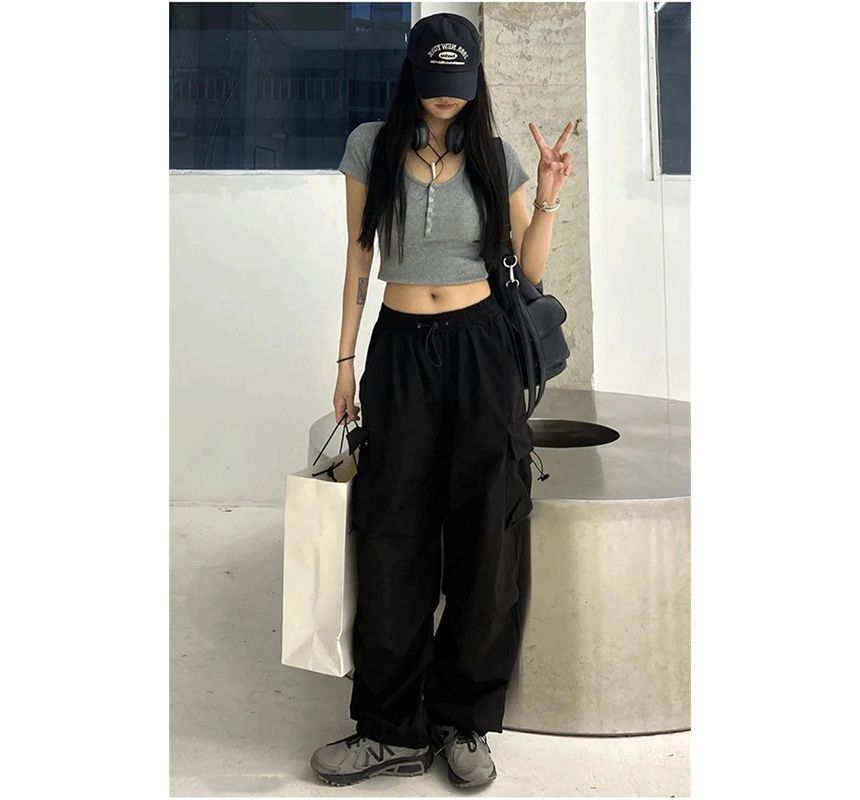 High Waist Plain Drawstring Cargo Baggy Pants SpreePicky