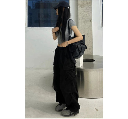 High Waist Plain Drawstring Cargo Baggy Pants SpreePicky