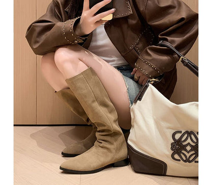 Block Heel Pointed Toe Genuine Leather Tall Boots SpreePicky