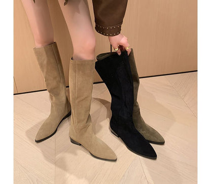 Block Heel Pointed Toe Genuine Leather Tall Boots SpreePicky