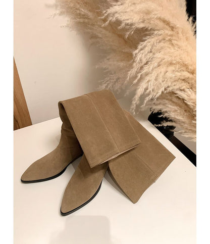 Block Heel Pointed Toe Genuine Leather Tall Boots SpreePicky