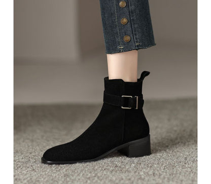 Block Heel Pointed Toe Buckled Genuine Leather Short Boots SpreePicky