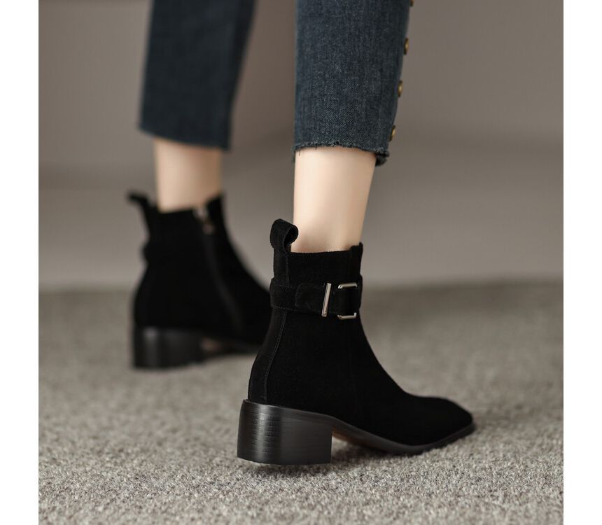 Block Heel Pointed Toe Buckled Genuine Leather Short Boots SpreePicky