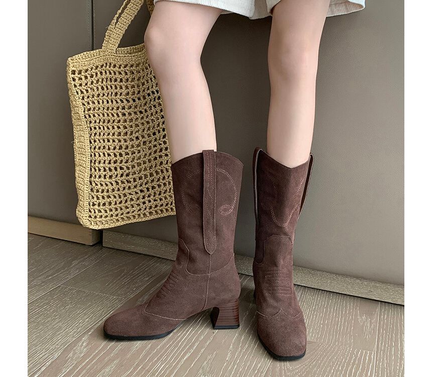 Block Heel Pointed Toe Embroidered Genuine Leather Mid-Calf Boots SpreePicky