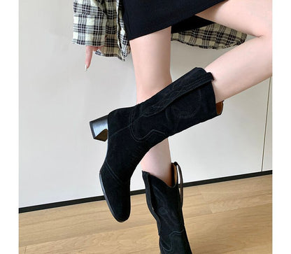 Block Heel Pointed Toe Embroidered Genuine Leather Mid-Calf Boots SpreePicky