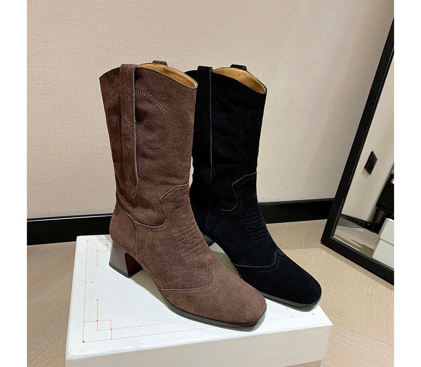 Block Heel Pointed Toe Embroidered Genuine Leather Mid-Calf Boots SpreePicky