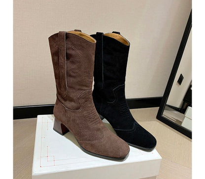 Block Heel Pointed Toe Embroidered Genuine Leather Mid-Calf Boots SpreePicky