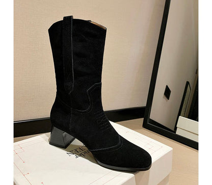 Block Heel Pointed Toe Embroidered Genuine Leather Mid-Calf Boots SpreePicky