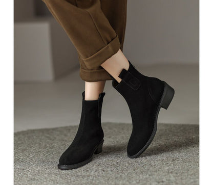 Block Heel Pointed Toe Genuine Leather Short Boots SpreePicky