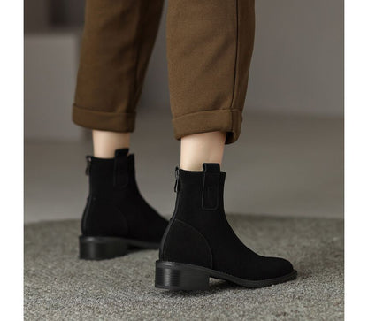 Block Heel Pointed Toe Genuine Leather Short Boots SpreePicky