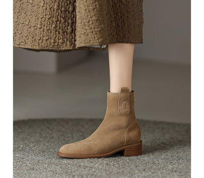 Block Heel Pointed Toe Genuine Leather Short Boots SpreePicky