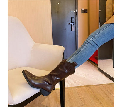 Block Heel Pointed Toe Genuine Leather Mid-Calf Cowboy Boots SpreePicky