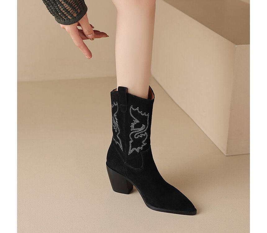 Block Heel Pointed Toe Genuine Leather Embroidered Mid-Calf Cowboy Boots SpreePicky