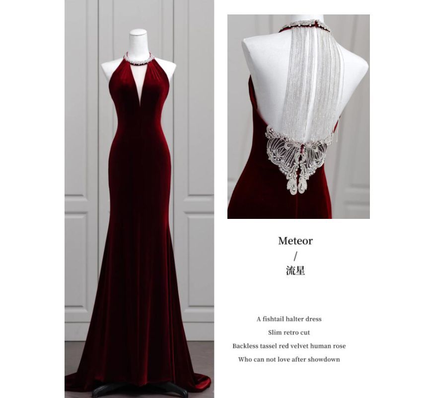 Halter Plain Rhinestone Fringe Velvet Mermaid Evening Gown SpreePicky