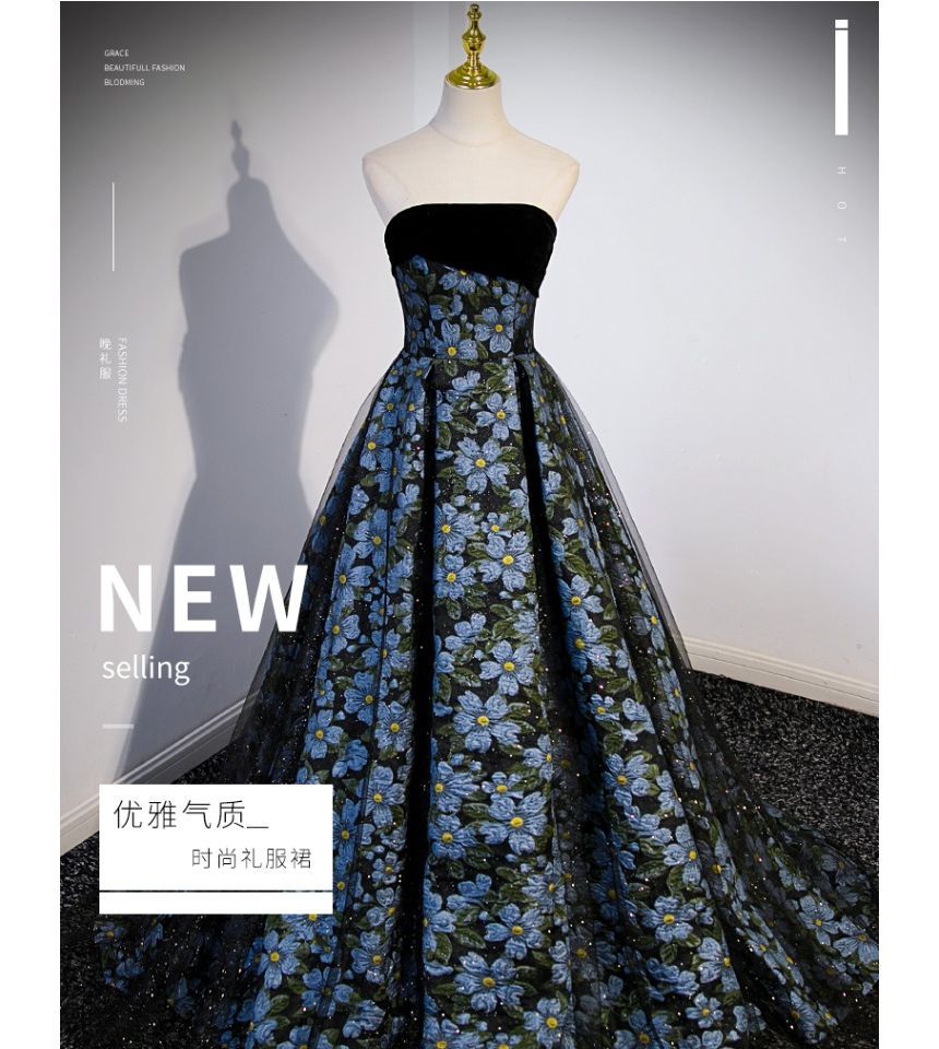 Floral Print Panel Mesh A-Line Tube Evening Gown SpreePicky