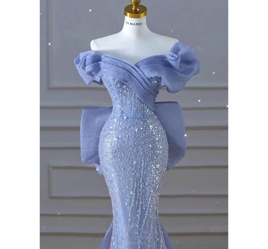 Short-Sleeve Off Shoulder Sequin Ruched Bow Panel Mermaid Evening Gown SpreePicky