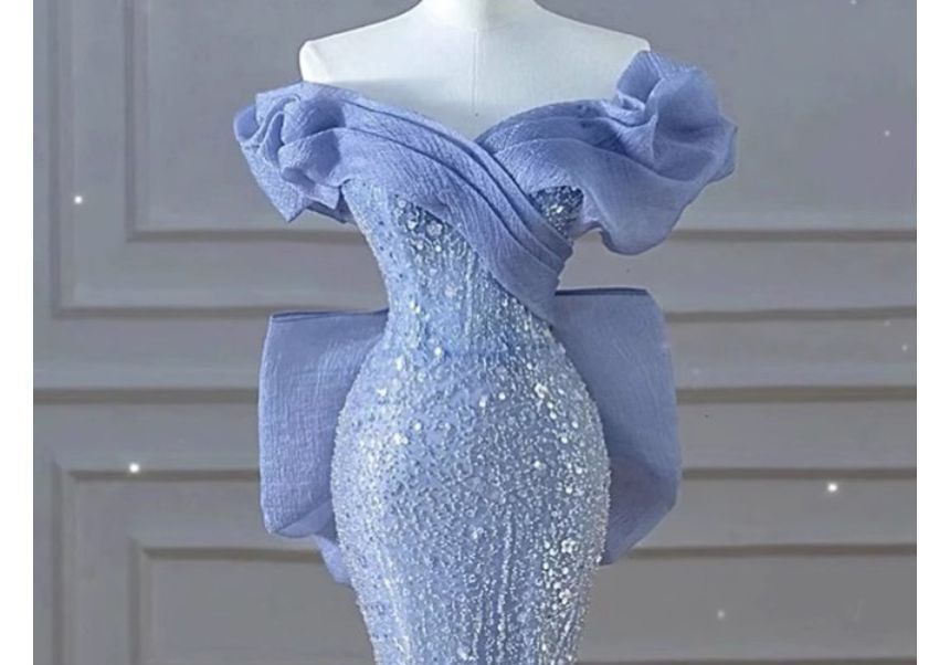 Short-Sleeve Off Shoulder Sequin Ruched Bow Panel Mermaid Evening Gown SpreePicky