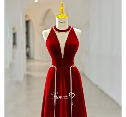 Sleeveless Crew Neck Plain Cutout Rhinestone Velvet A-Line Evening Gown SpreePicky