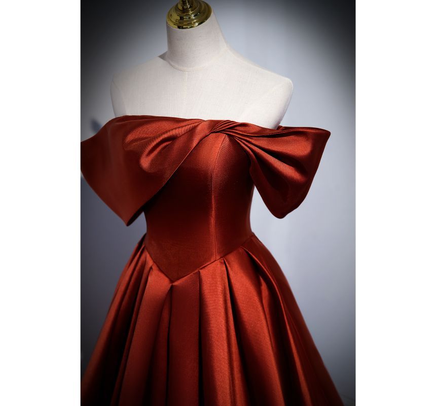 Short-Sleeve Off Shoulder Plain Pleated Satin A-Line Evening Gown SpreePicky