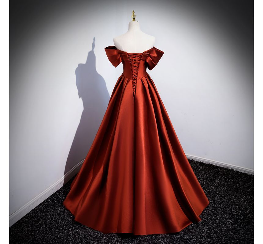 Short-Sleeve Off Shoulder Plain Pleated Satin A-Line Evening Gown SpreePicky