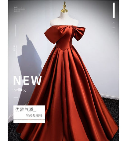 Short-Sleeve Off Shoulder Plain Pleated Satin A-Line Evening Gown SpreePicky