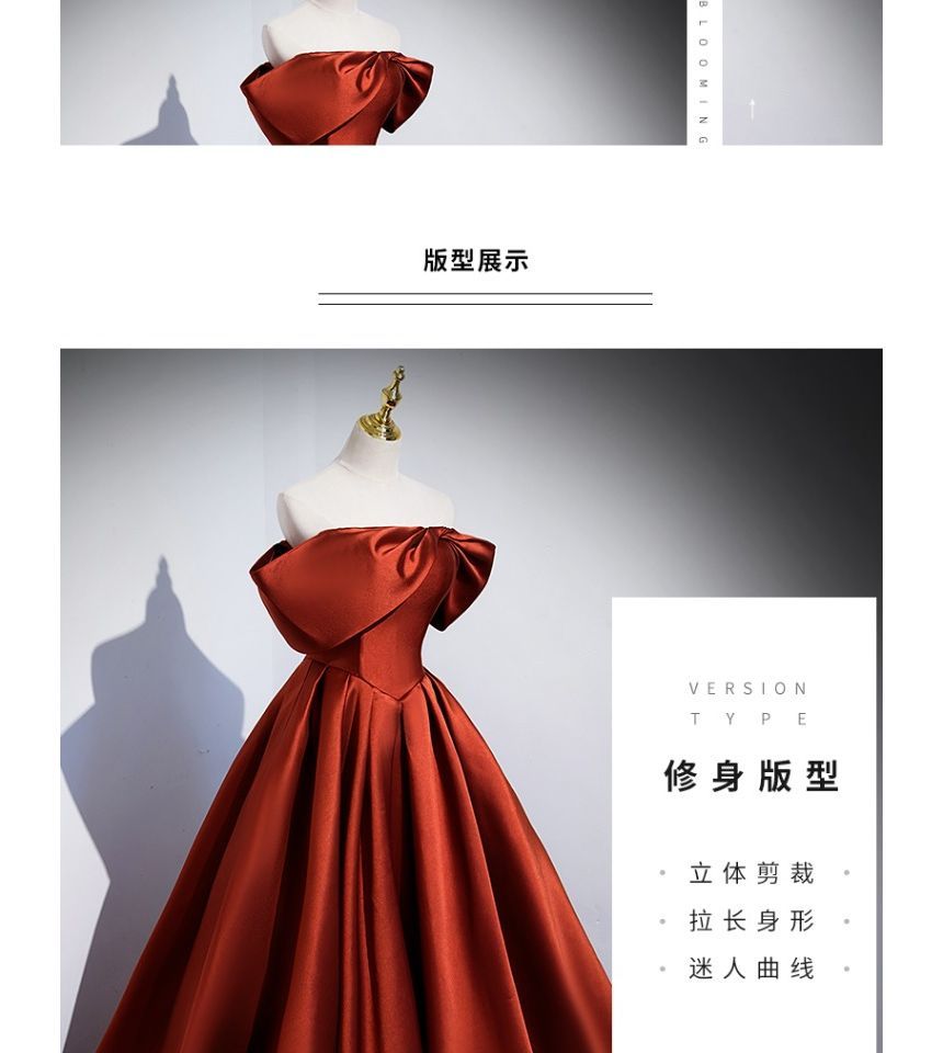 Short-Sleeve Off Shoulder Plain Pleated Satin A-Line Evening Gown SpreePicky