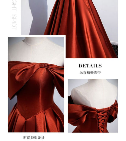 Short-Sleeve Off Shoulder Plain Pleated Satin A-Line Evening Gown SpreePicky