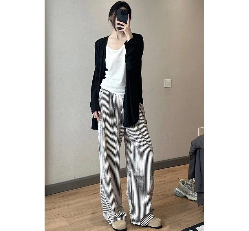 High Rise Striped Printed Wide Leg Drawstring Sweatpants SpreePicky