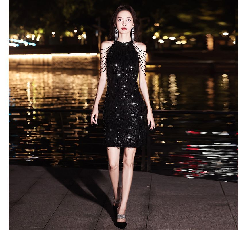 Sleeveless Sequin Mini Evening Sheath Dress SpreePicky