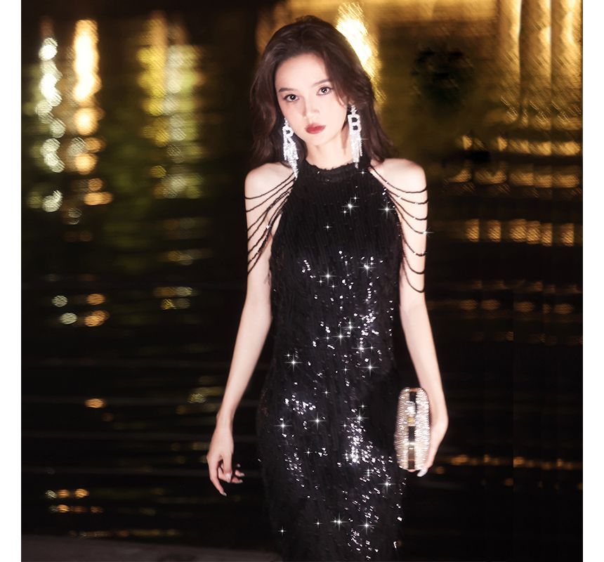 Sleeveless Sequin Mini Evening Sheath Dress SpreePicky