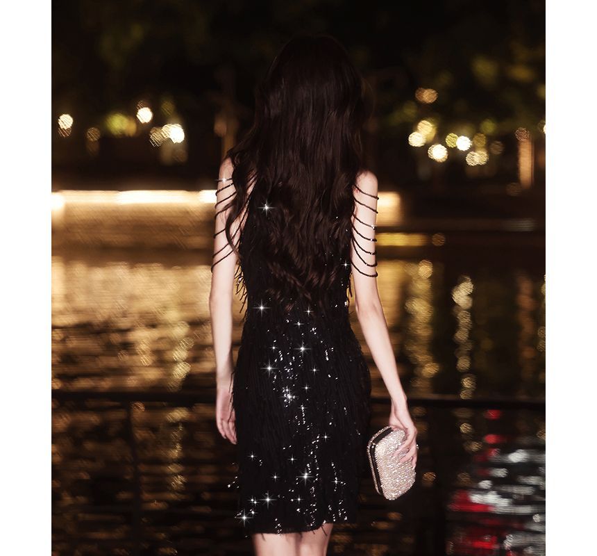 Sleeveless Sequin Mini Evening Sheath Dress SpreePicky