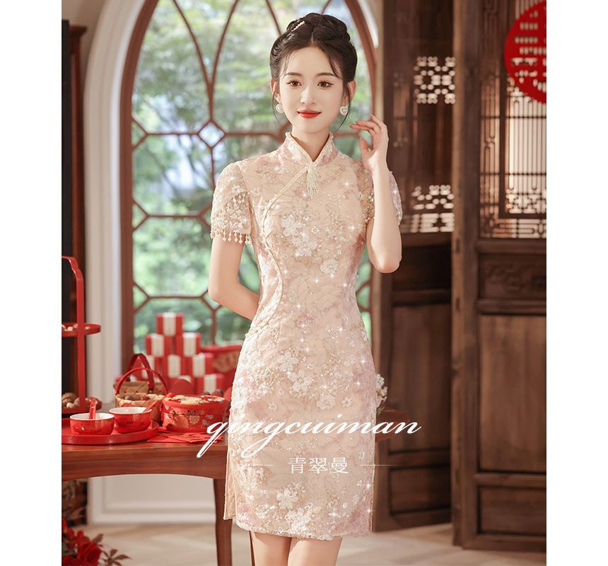 Short-Sleeve Fringed Floral Mini Sheath Qipao Dress SpreePicky