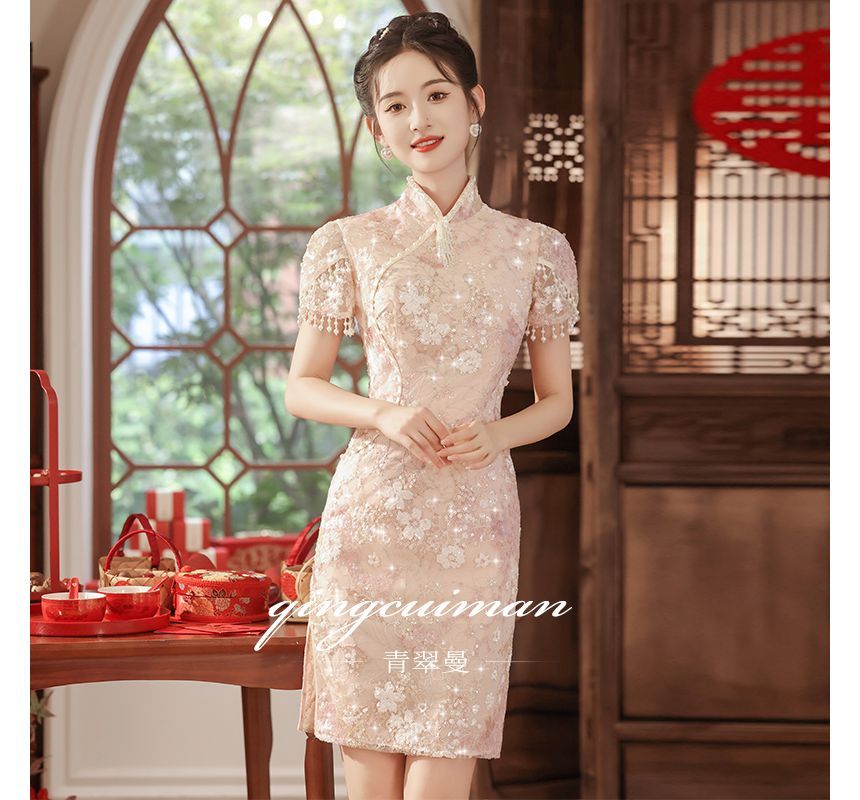 Short-Sleeve Fringed Floral Mini Sheath Qipao Dress SpreePicky