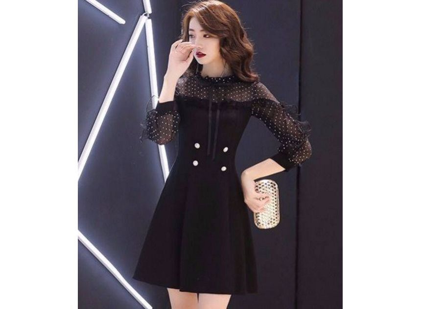 Mock Two-Piece Puff-Sleeve Double-Breasted Ruffled Paneled Mini A-Line Dress SpreePicky