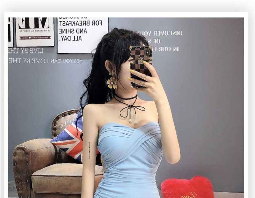 Strapless Plain Ruched Mini Bodycon Dress SpreePicky