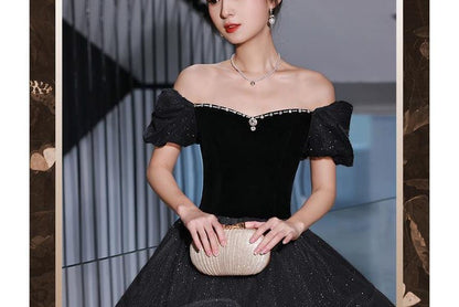 Short-Sleeve Off Shoulder Glitter Rhinestone Ruffle Panel Velvet A-Line Evening Gown SpreePicky