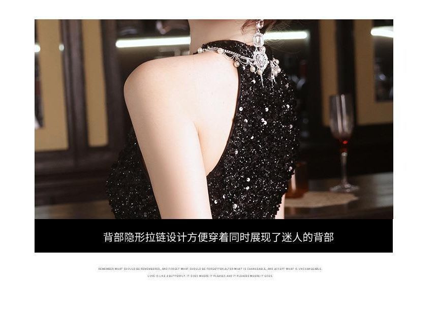 Sleeveless Crew Neck Sequin Faux Pearl Keyhole Ruffle Panel Mesh High-Low A-Line Evening Gown SpreePicky