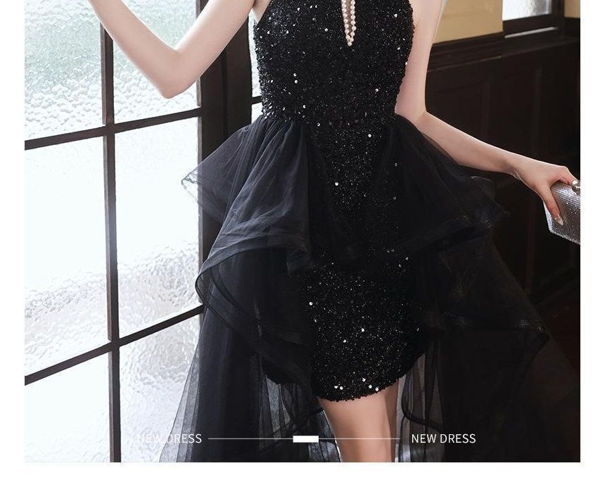 Sleeveless Crew Neck Sequin Faux Pearl Keyhole Ruffle Panel Mesh High-Low A-Line Evening Gown SpreePicky