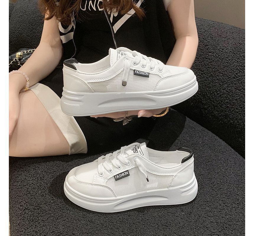 Lettering Mesh Panel Lace-Up Platform Sneakers SpreePicky