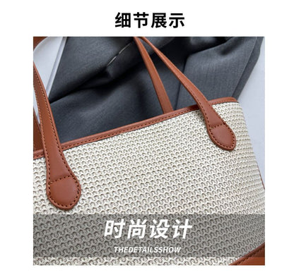 Faux Leather Panel Woven Bucket Bag SpreePicky