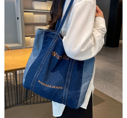 Washed Letter Embroidered Denim Tote Bag SpreePicky