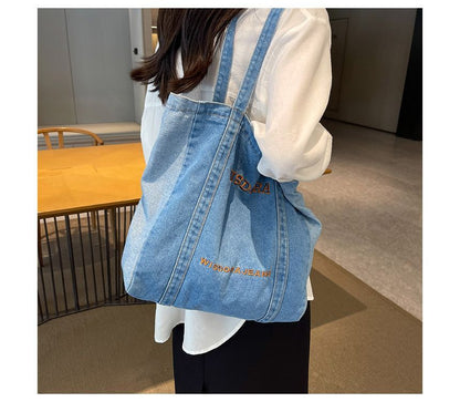 Washed Letter Embroidered Denim Tote Bag SpreePicky