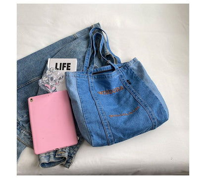 Washed Letter Embroidered Denim Tote Bag SpreePicky