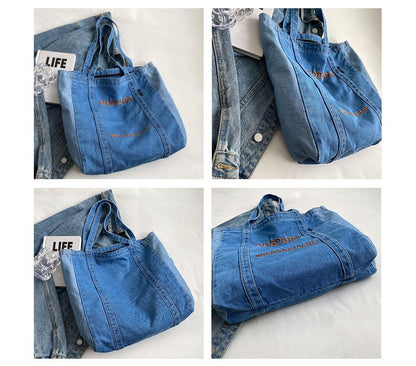 Washed Letter Embroidered Denim Tote Bag SpreePicky