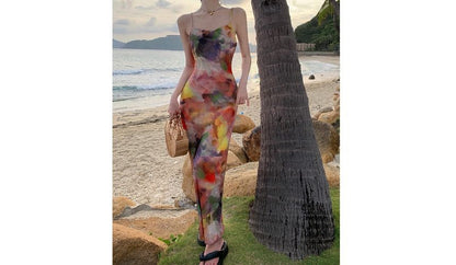 Spaghetti Strap Tie-Dyed Midi Mermaid Dress SpreePicky