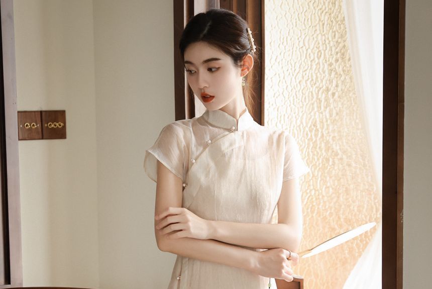 Set: Short-Sleeve Hanfu Long Top + Spaghetti Strap Plain Midi A-Line Dress SpreePicky